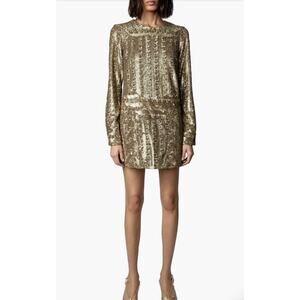 NWT Zadig & Voltaire Roysee Sequins Mini Dress Gold Bronze Long‎ Sleeve Medium